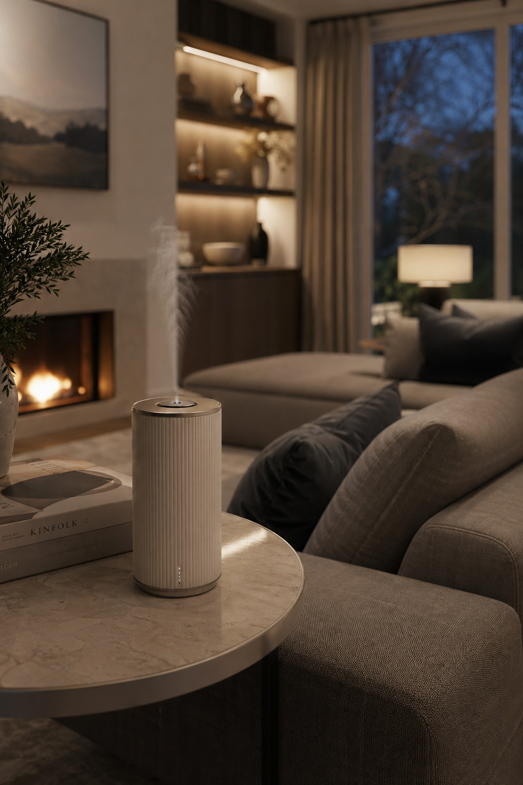 A photorealistic image of a modern living room with a sleek, minimalist cold-air diffuser on a side table, soft ambient lighting, and comfortable furniture. The diffuser blends into the decor without drawing attention. Alt: Quiet smart home fragrance diffuser in living room setting