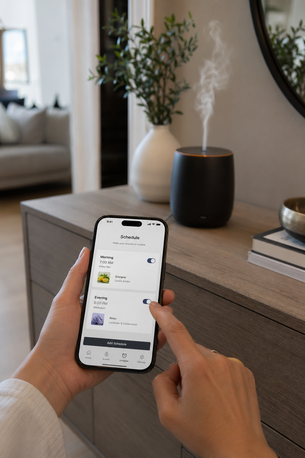 A photorealistic image of a person using a smartphone app to schedule different scents for morning and evening, with the diffuser visible in the background in a modern home. Alt: App control for scheduling smart home fragrance diffuser