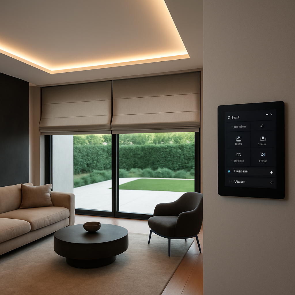 A futuristic smart villa interior showcasing smart lighting, automated blinds, and a control panel on a wall. Alt: Smart villa interior with integrated lighting and automation controls