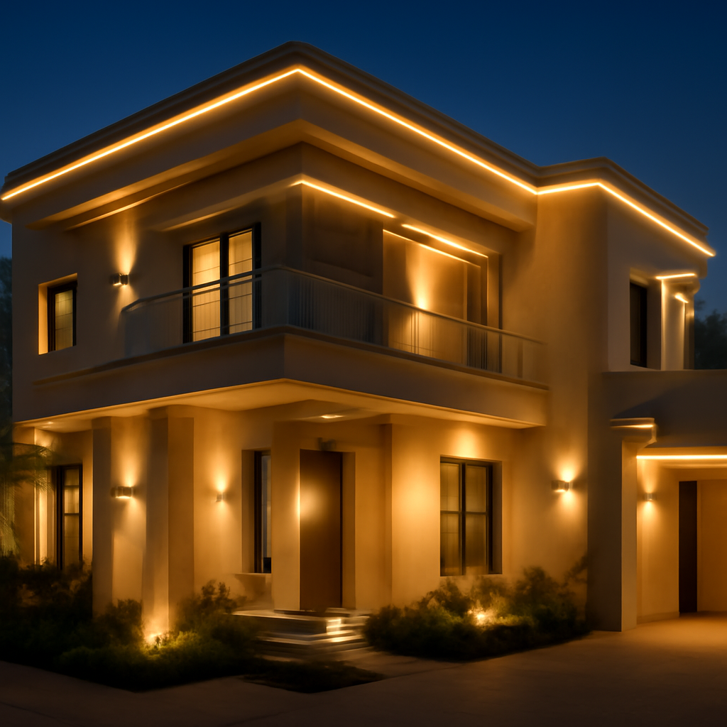 A panoramic view of a smartly illuminated Dubai villa at dusk, showcasing integrated lighting and security cameras. Alt: Smart home lighting and security integration in a Dubai villa.