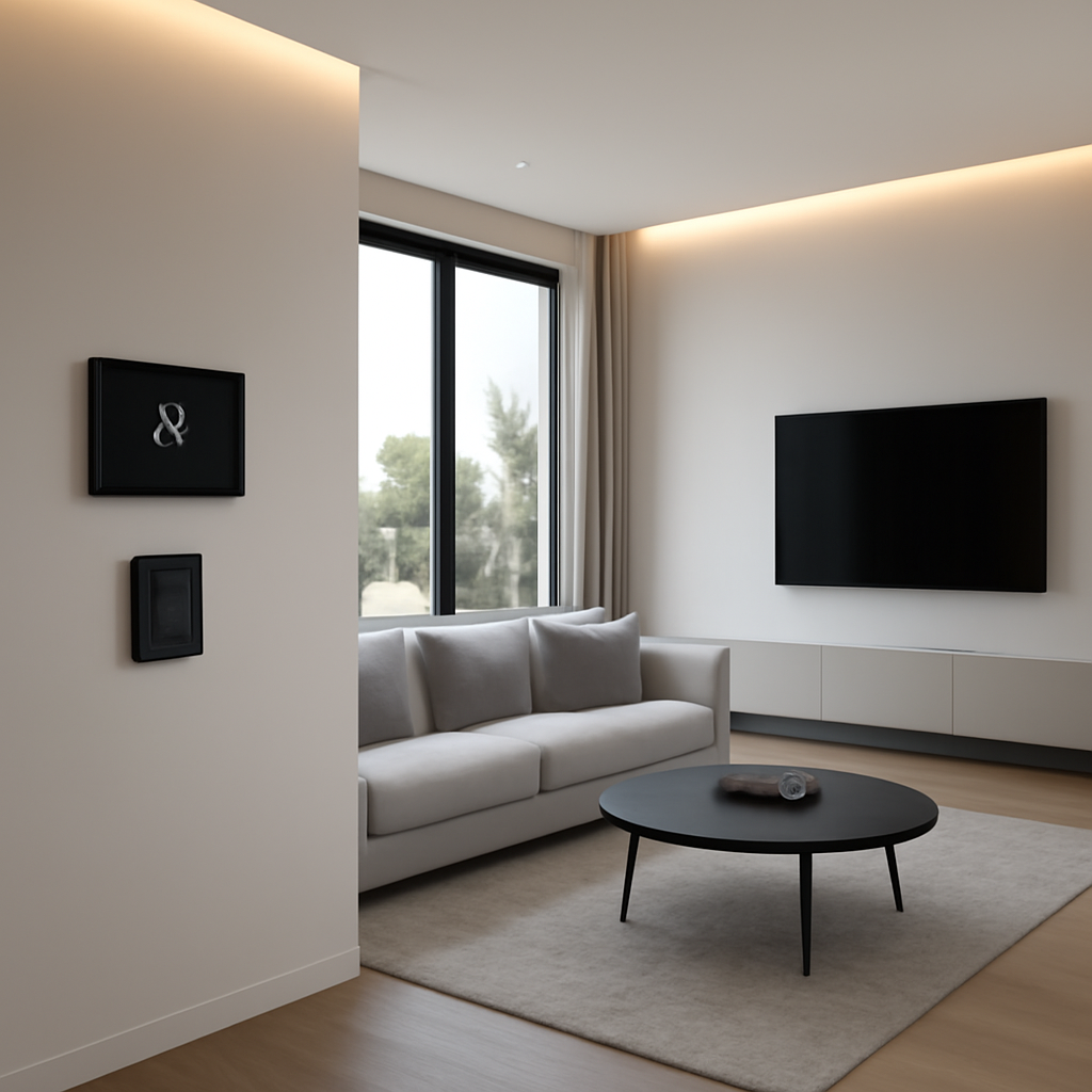 A sleek living room with integrated smart lighting and thermostat panels, modern design. Alt: Smart home integration in a Dubai villa.