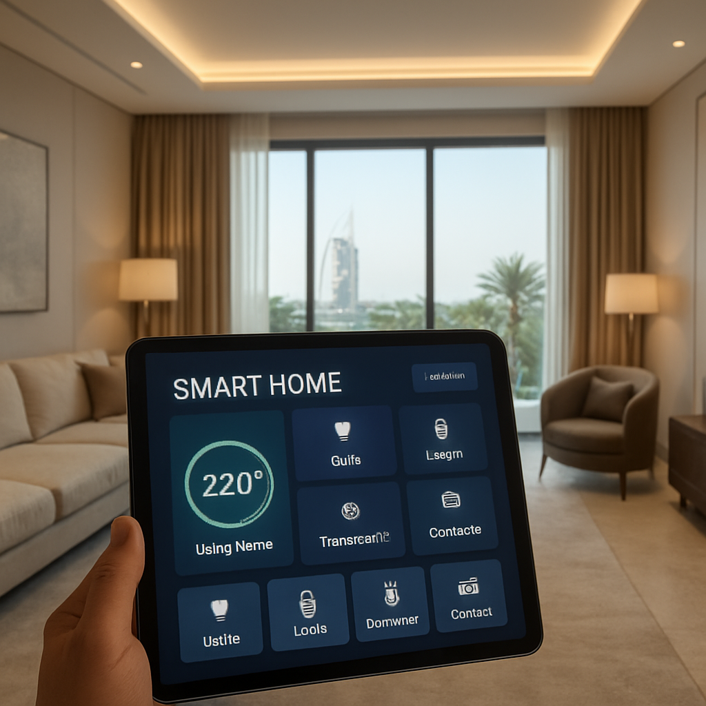 A luxurious Dubai villa interior with smart lighting and a smart thermostat dashboard displayed on a tablet. Alt: Smart home dashboard on a tablet in a Dubai villa living room.