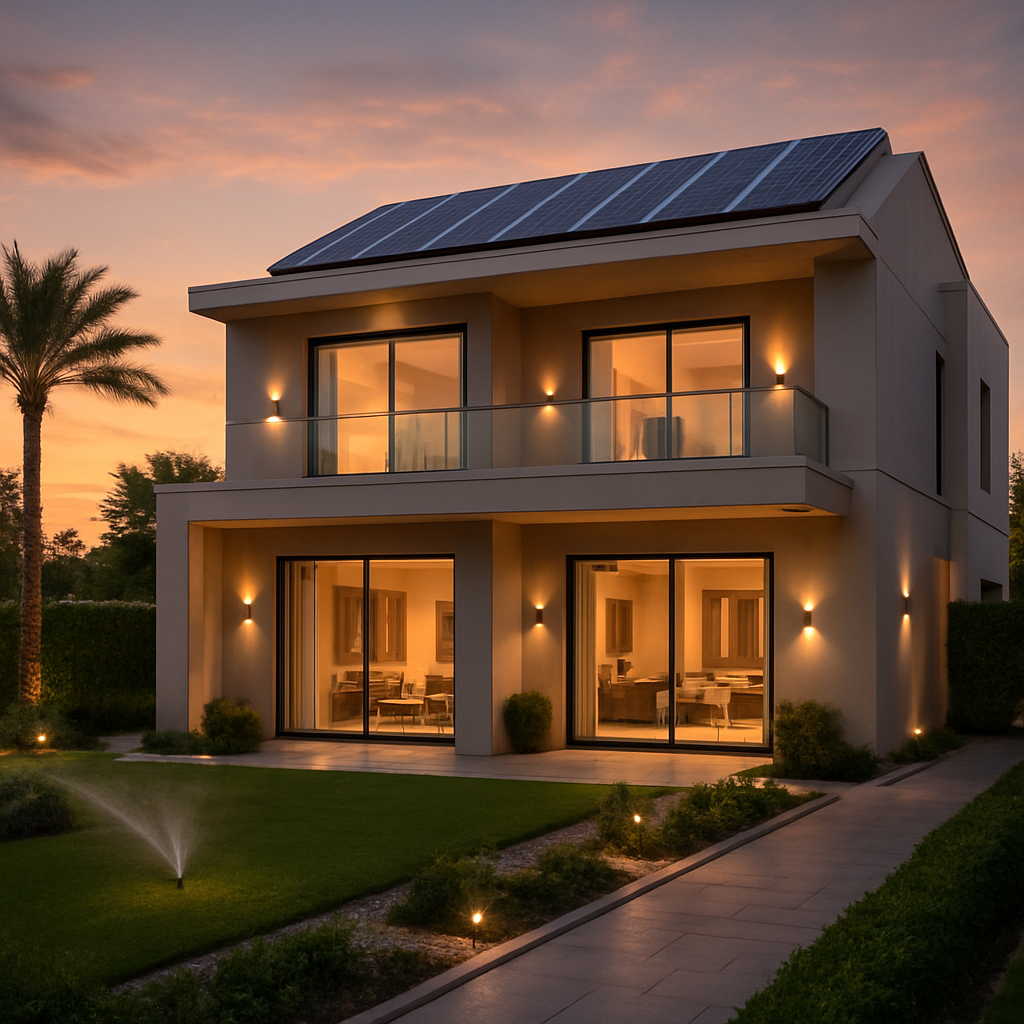 A luxury Dubai villa exterior at sunset with smart lighting, solar panels on the roof, and a water‑efficient irrigation system. Alt: Smart home technology Dubai villa featuring integrated security, lighting, and sustainability.