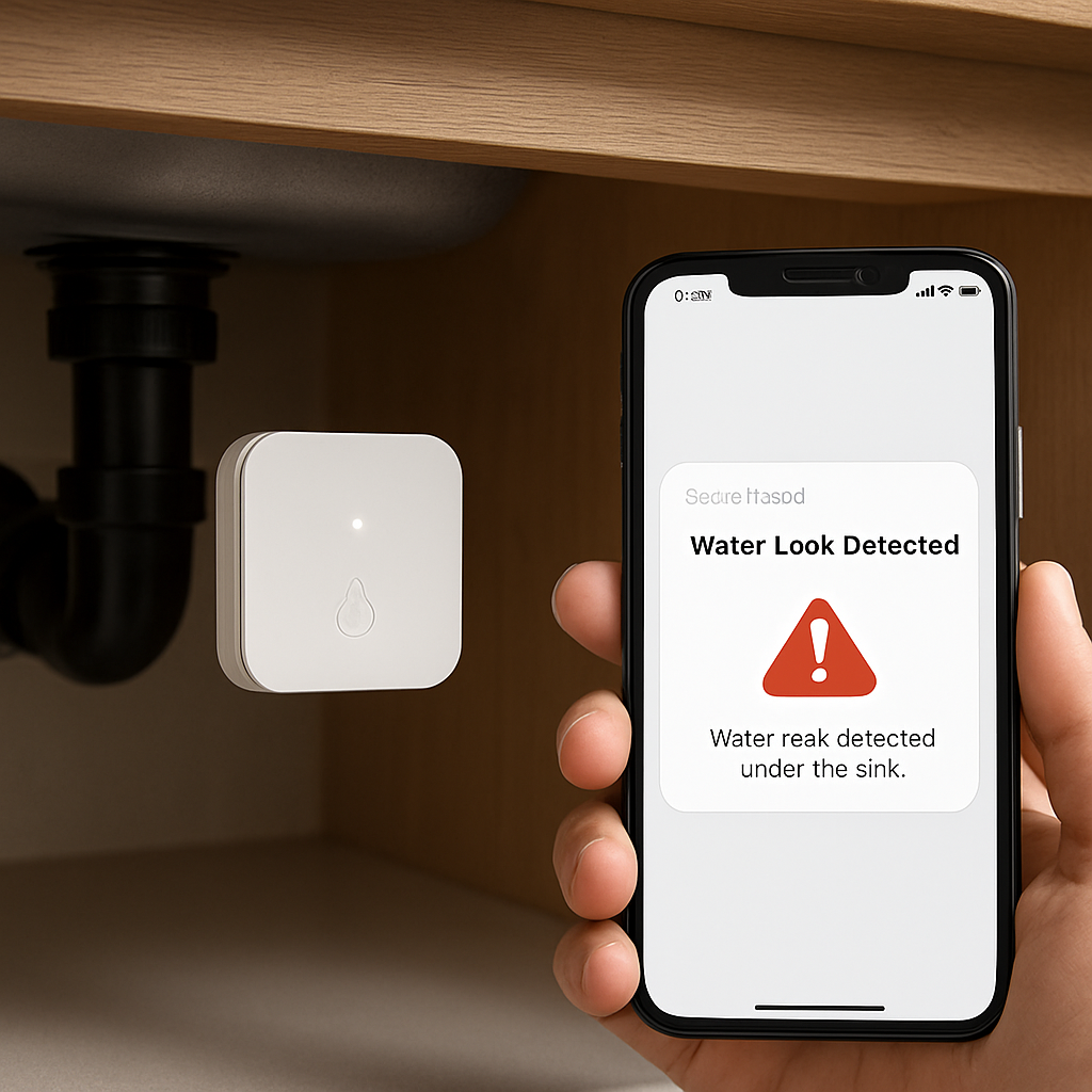 A modern smart home water leak detector mounted under a kitchen sink, showing a sleek sensor and a mobile phone with an alert notification displayed. Alt: Smart home water leak detector alert on smartphone.