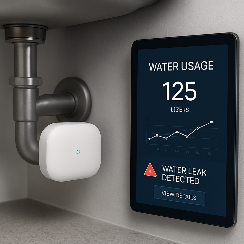 A sleek smart home water leak detector mounted under a kitchen sink with a digital dashboard showing water usage statistics and an alert notification. Alt: Smart home water leak detector ROI dashboard.