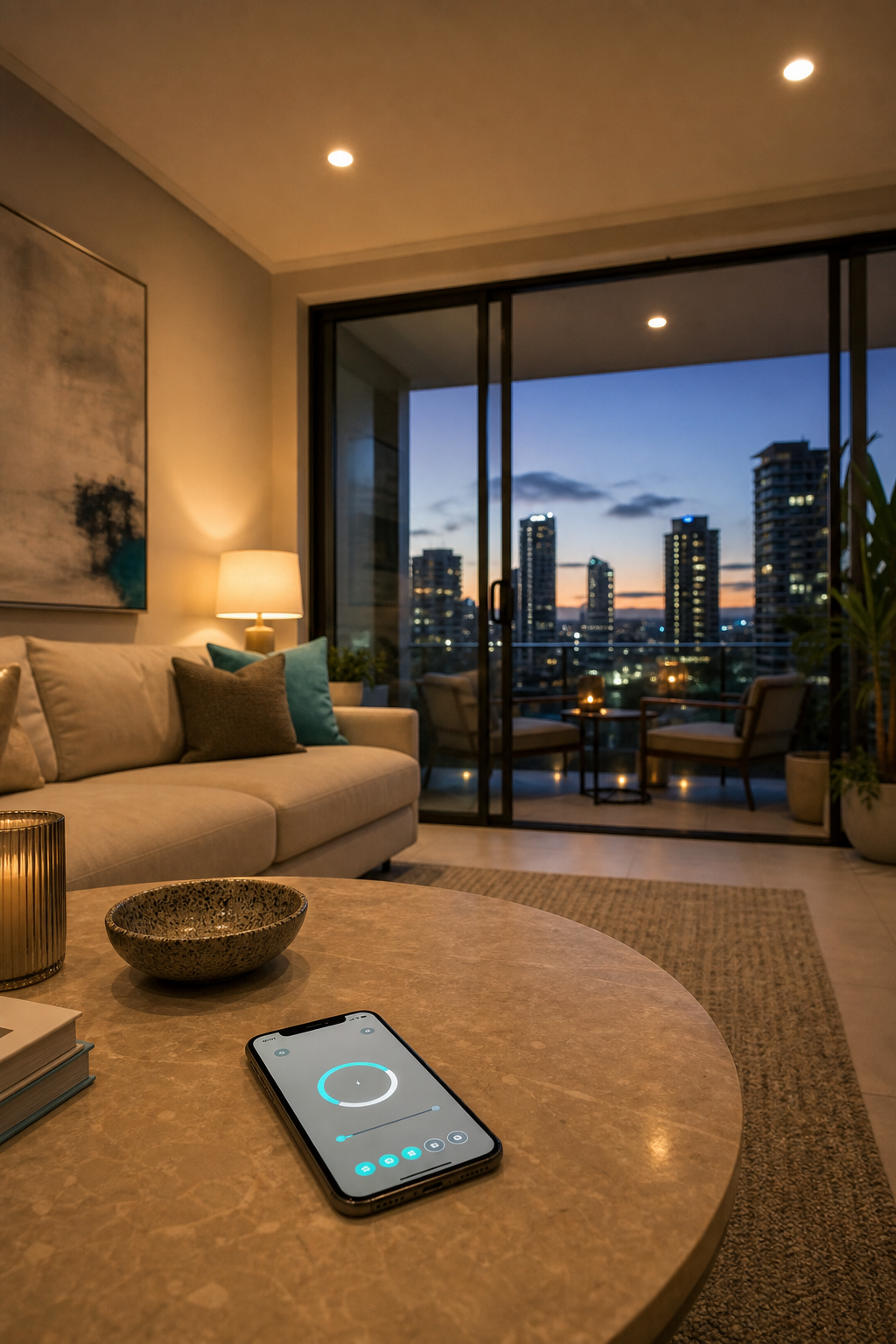 A photorealistic image of a modern living room with warm ambient lighting from smart downlights and a table lamp, a smartphone on the coffee table showing a lighting control app. Style: Realism. Alt: Smart home lighting control via smartphone in a Brisbane living room.