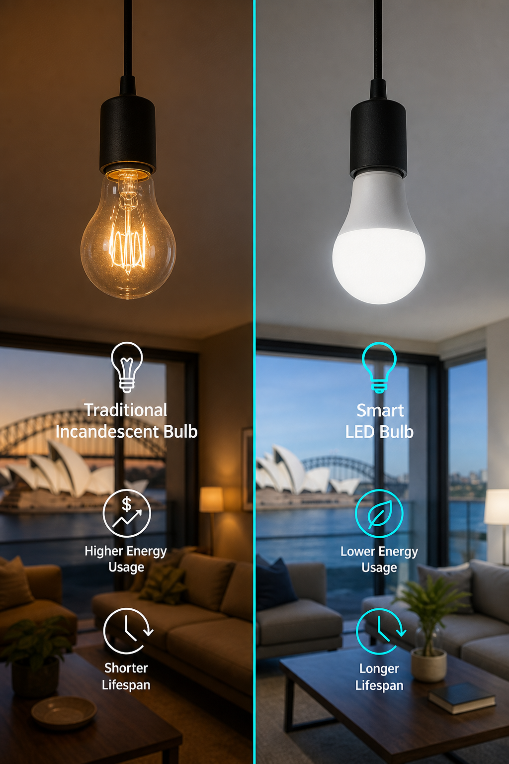 A photorealistic split image comparing a traditional incandescent bulb with a smart LED bulb, with icons showing energy savings and longer lifespan. Style: Realism. Alt: Comparison of traditional and smart LED lighting showing energy efficiency.