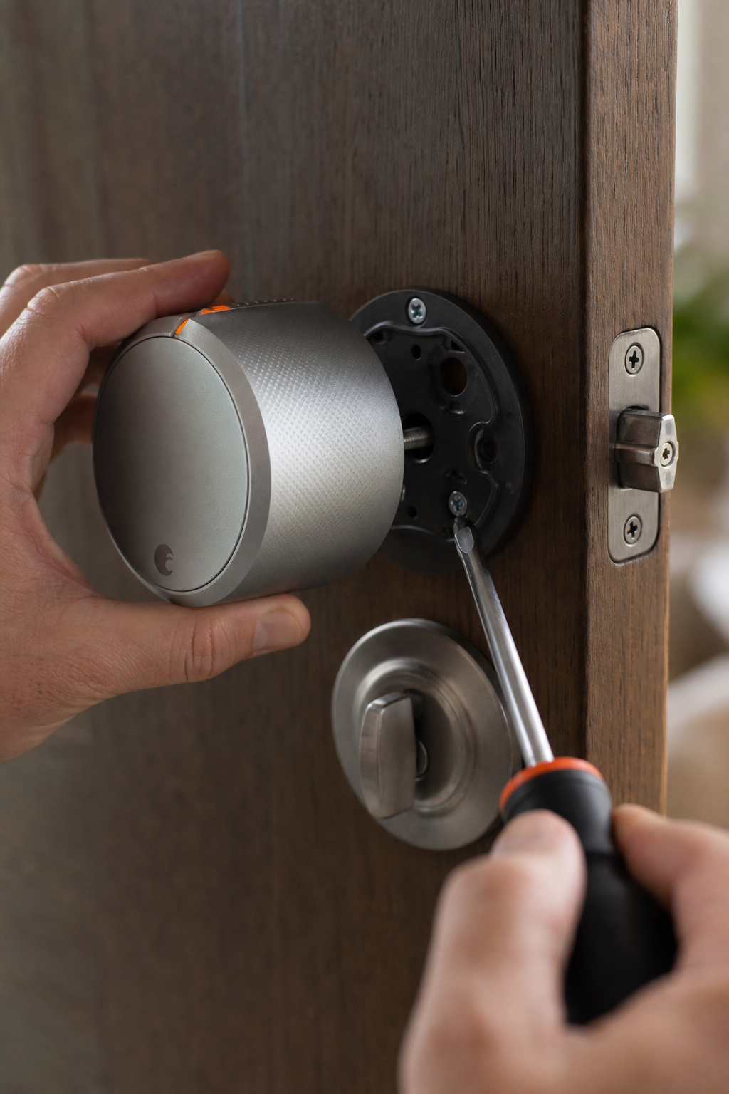 A close-up of an August Smart Lock being attached to the interior side of a door, with a screwdriver and mounting plate visible, photorealistic style. Alt: August Smart Lock retrofit installation on an existing deadbolt.