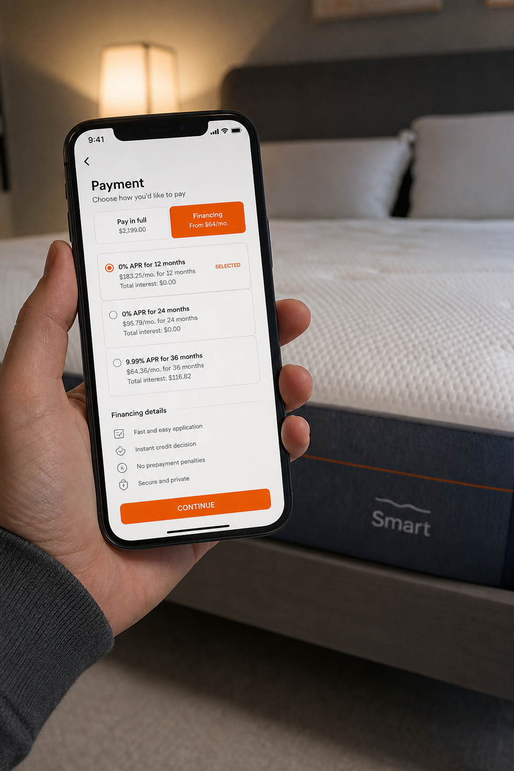 A realistic close-up of a smartphone showing the payment options screen with a smart mattress in the background, soft bedroom lighting. Alt: Financing payment options for a smart mattress on a smartphone.