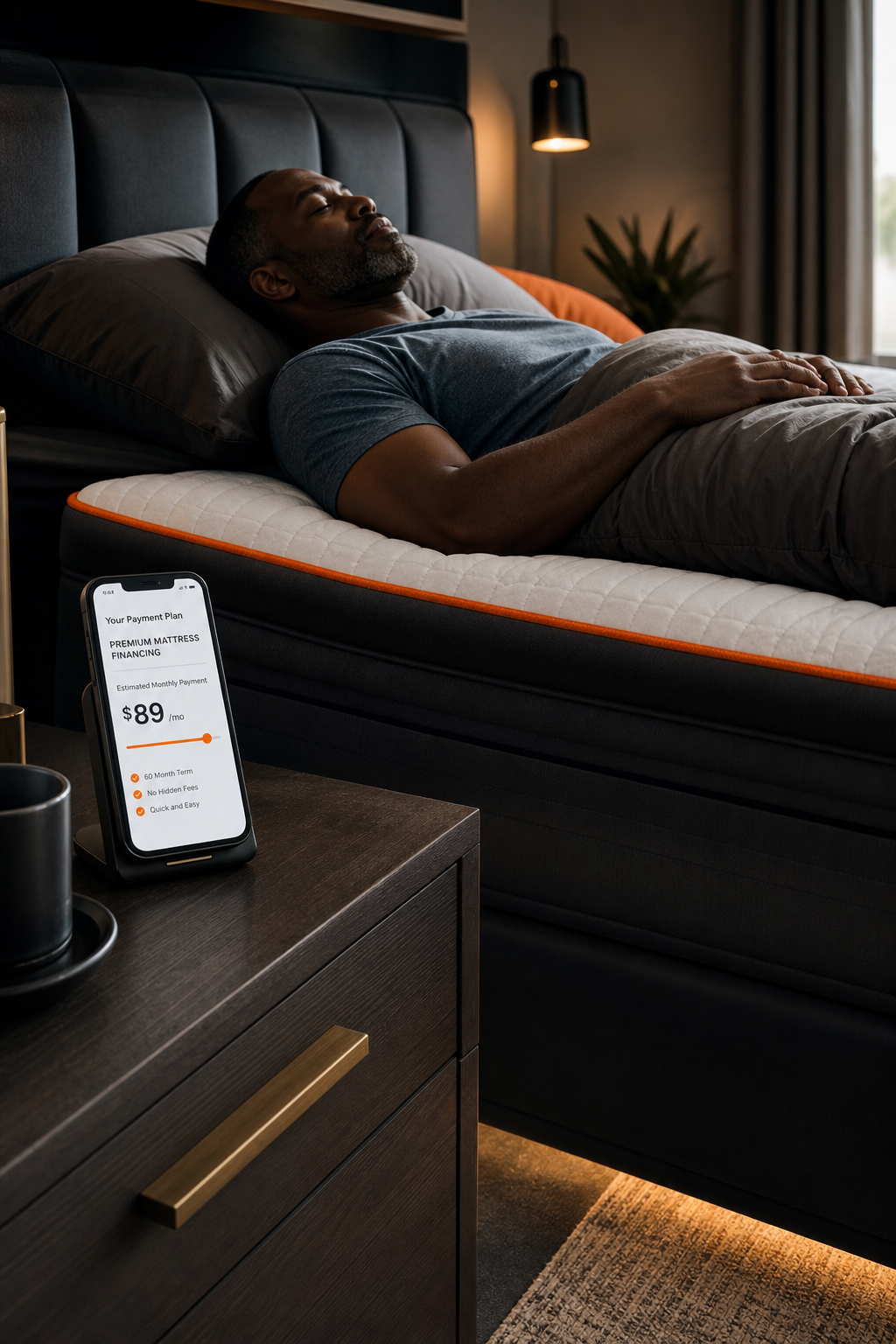 A realistic bedroom scene with a premium smart bed, a person lying down, and a smartphone on the nightstand showing the payment plan. Alt: Premium brand smart mattress financing plan with monthly payment on phone.