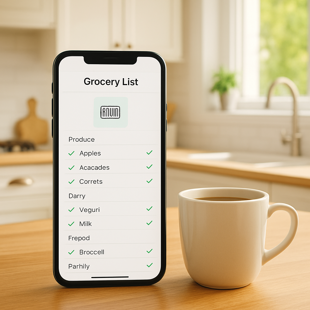 A bright kitchen scene with a phone displaying a grocery list organized by aisle, a barcode scanner icon overlay, and a coffee mug beside it. Alt: Seamless grocery list generation and in‑store scanning with a meal planner app