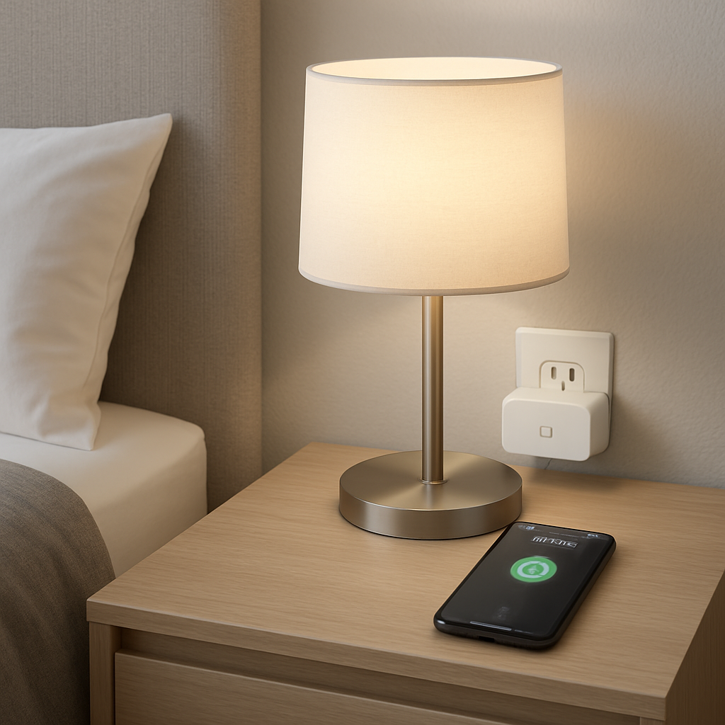 A modern bedroom nightstand with a sleek smart plug tucked behind a lamp, showing a phone screen with the plug’s app interface. Alt: budget-friendly smart plug controlling bedside lamp