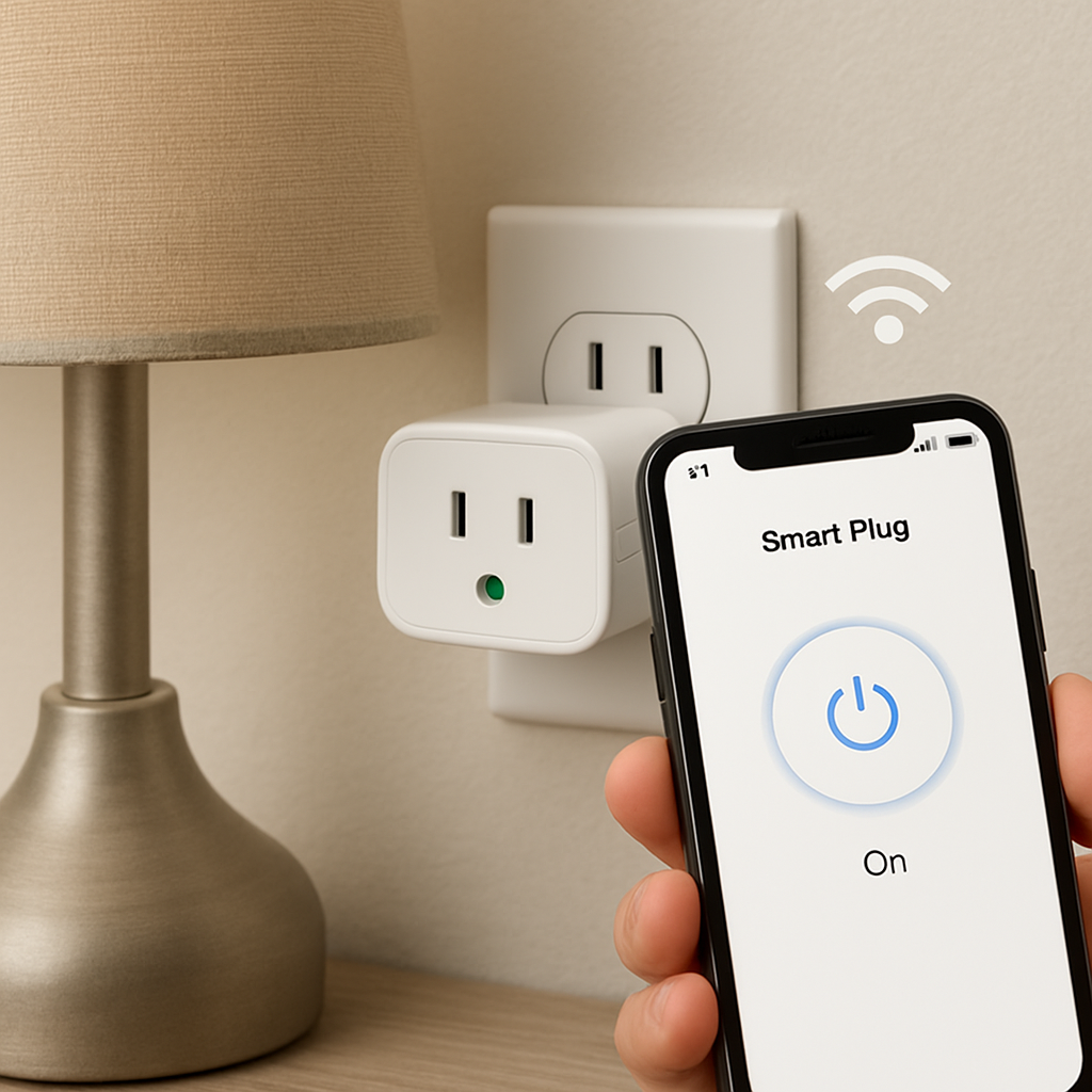 A close‑up of a compact smart plug tucked behind a lamp, showing a phone screen with the plug’s app and a subtle Wi‑Fi signal icon. Alt: cheap smart plug in use, highlighting easy setup and compact size