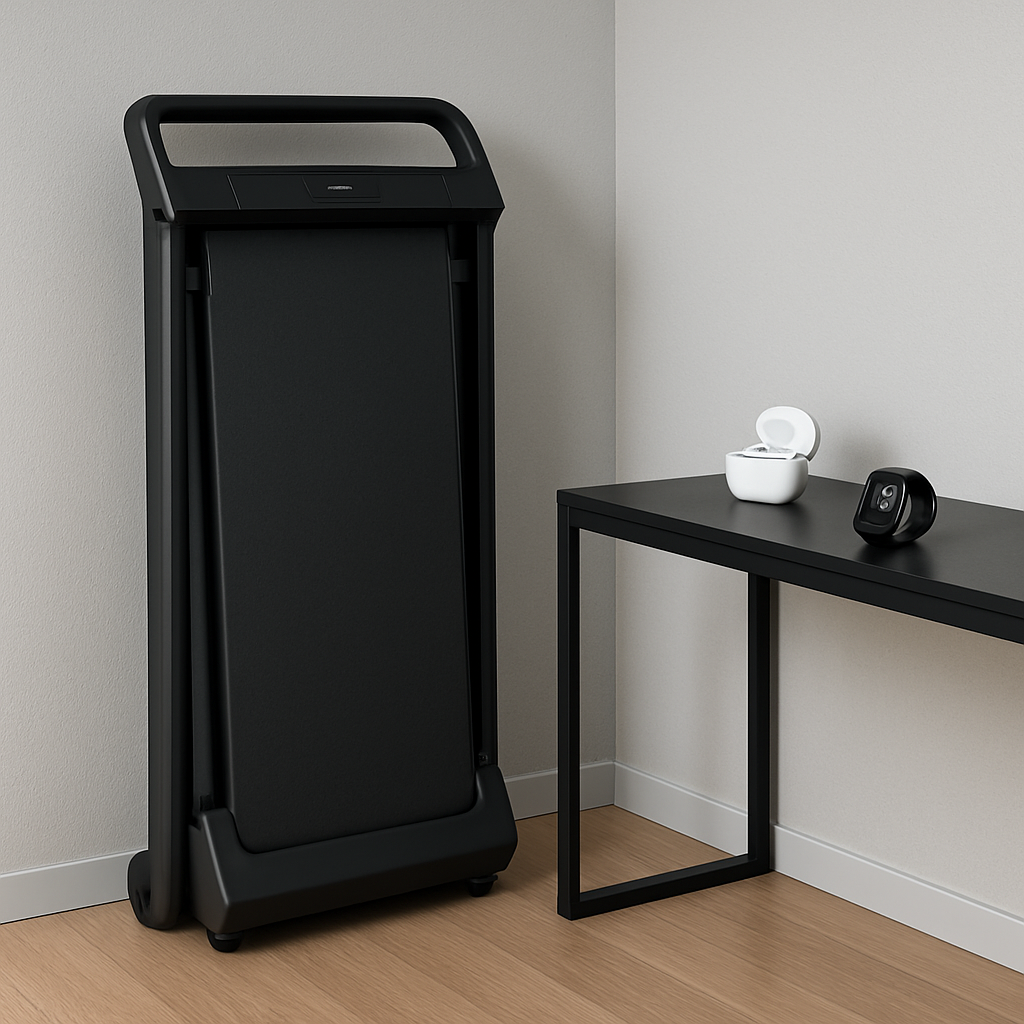 A modern home gym corner with a fold‑up treadmill, wireless earbuds, and a smartwatch on a sleek console. Alt: Black Friday portable fitness electronics discounts guide