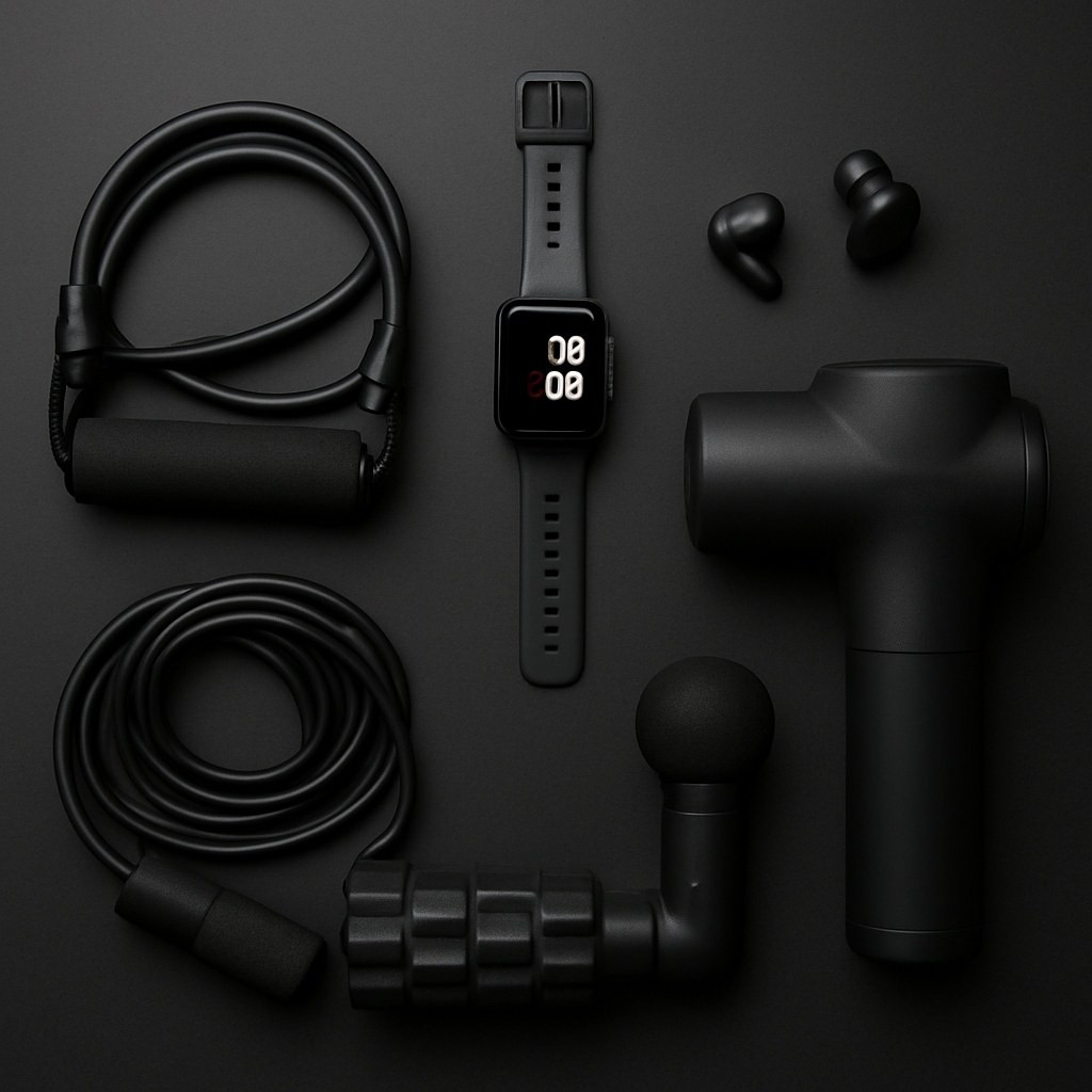 A collage of compact fitness equipment, a smartwatch, earbuds, and a percussive massager displayed on a sleek black background. Alt: Black Friday doorbuster deals for portable fitness gear, smart watches, earbuds, and recovery tools.
