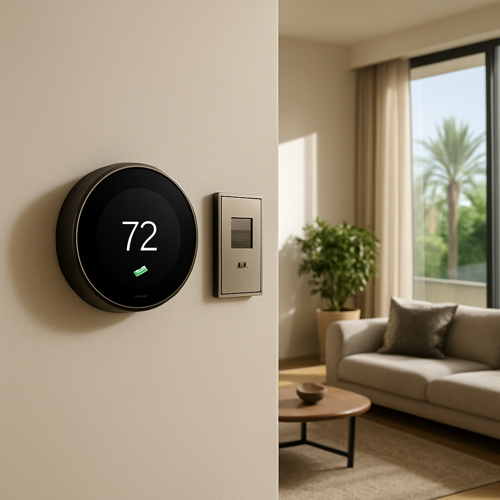A modern Dubai villa interior showing a wall with a smart thermostat installed near a sleek thermostat, sunlight filtered through a large window, showcasing a comfortable living space. Alt: Smart thermostat installation in Dubai luxury home