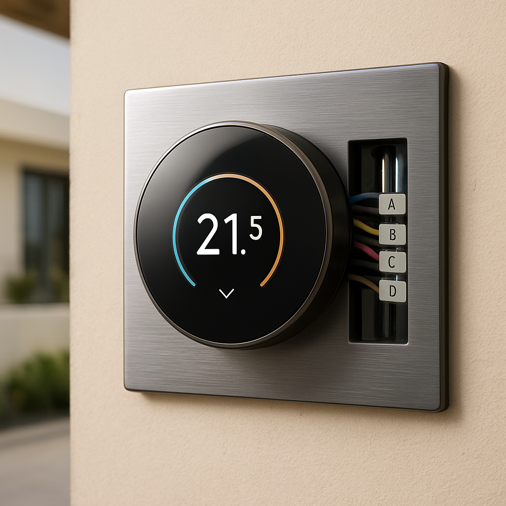 A modern Dubai villa wall with a sleek smart thermostat mounted on a brushed‑steel plate, wires neatly labeled and pulled through the backplate. Alt: Smart thermostat wiring and installation in a luxury Dubai home.