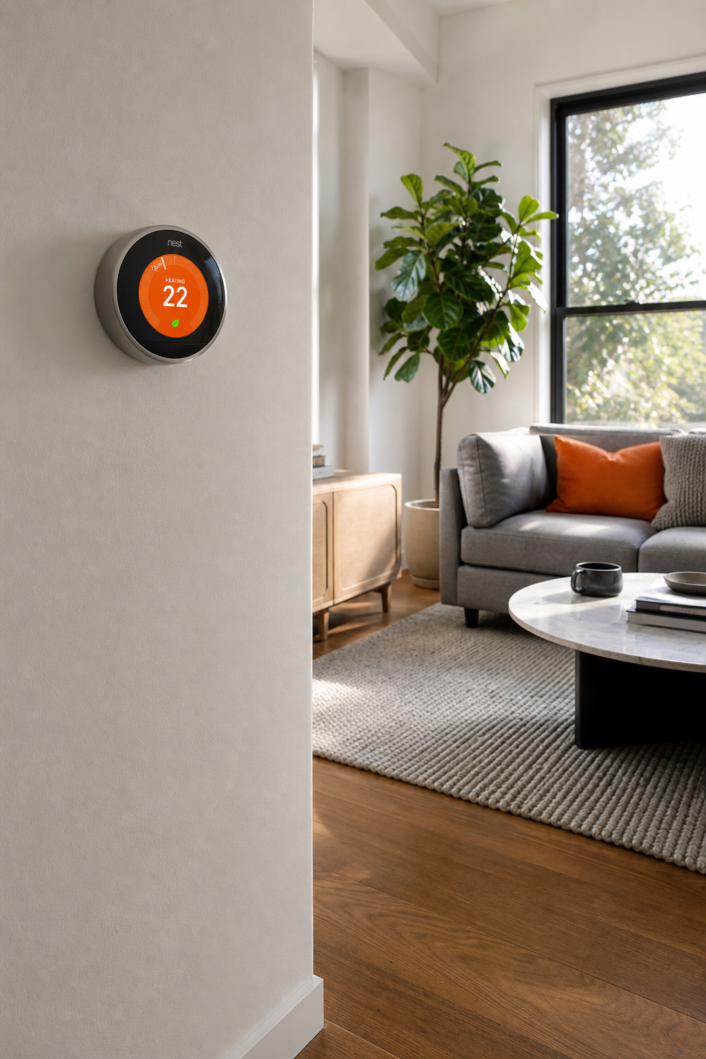 A photorealistic shot of a modern living room with a Nest Learning Thermostat mounted on a wall, displaying a temperature screen, with a houseplant and natural light. Alt: Nest Learning Thermostat in a Melbourne home living room.