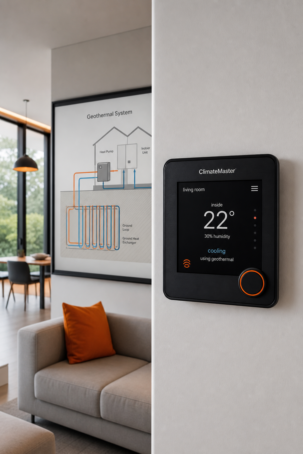 A photorealistic image of a modern home with a geothermal system diagram in the background, and a close-up of a ClimateMaster smart thermostat on the wall. Alt: ClimateMaster Smart Thermostat for geothermal systems in a Melbourne home.