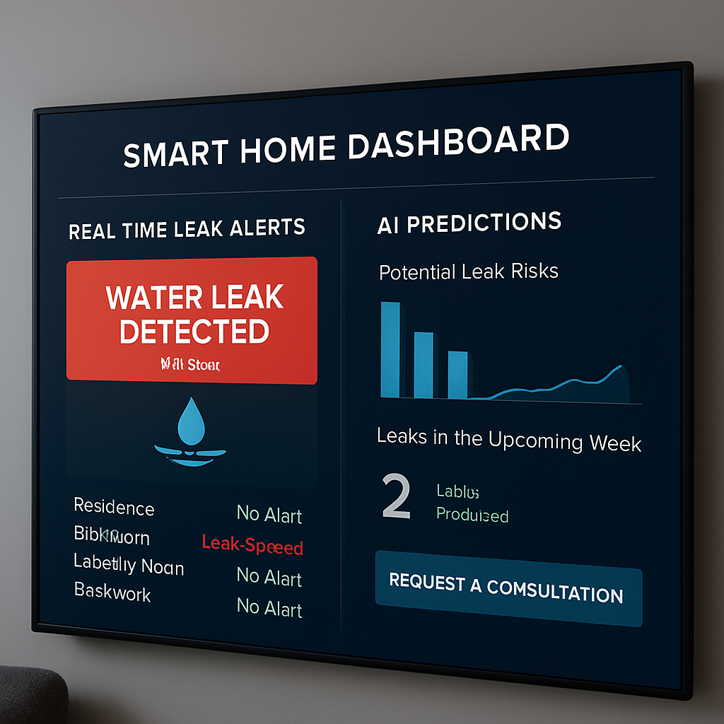 A futuristic smart home dashboard showing real‑time leak alerts and AI predictions. Alt: Smart water leak detection system dashboard with AI alerts.