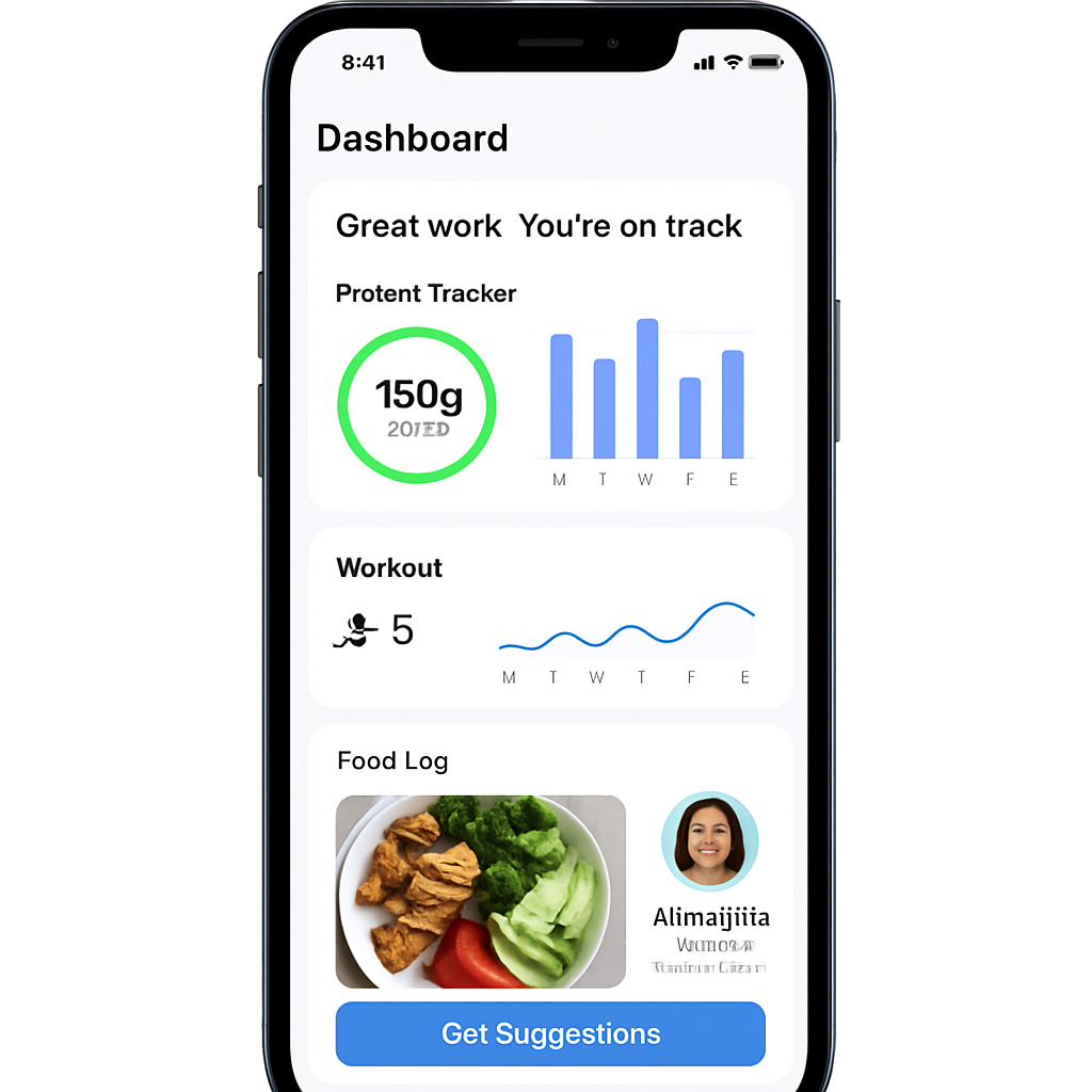 A smartphone screen showing a synced fitness tracker and protein tracker app dashboard with charts. Alt: protein tracker app integrates workout data for optimized nutrition.