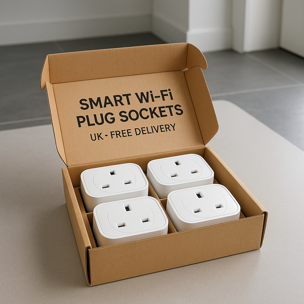 An open box of smart WiFi plug sockets ready for installation in a modern UK home. Alt: Prime choice shop smart WiFi plug sockets UK free delivery package primed for setup.