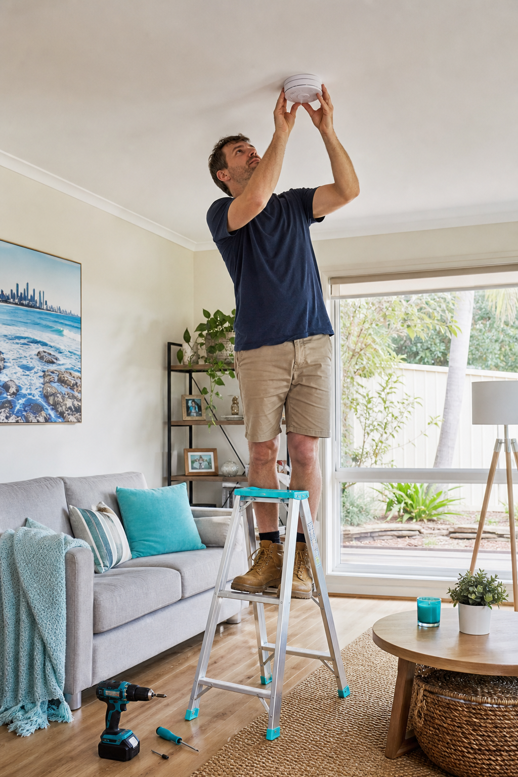 A photorealistic image of a homeowner standing on a step ladder, installing a white smoke alarm on a ceiling in a living room. Natural light from a window, tools like a drill and screwdriver on the floor. Alt: DIY smoke alarm installation on ceiling with tools.