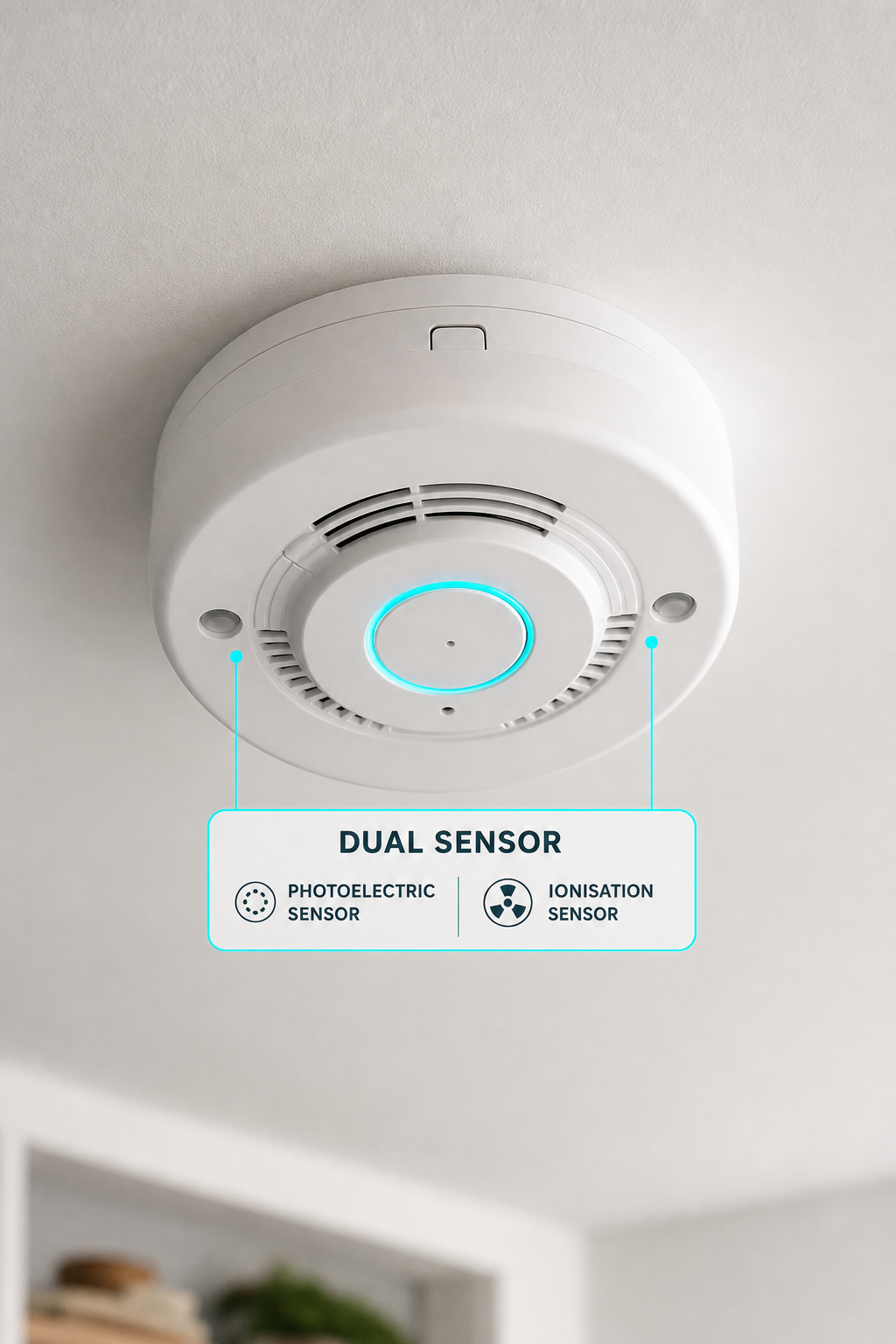 A photorealistic close-up of a dual-sensor smoke alarm on a white ceiling, with a label indicating the sensor types. Alt: Dual-sensor smoke alarm on ceiling with photoelectric and ionisation sensors labeled.