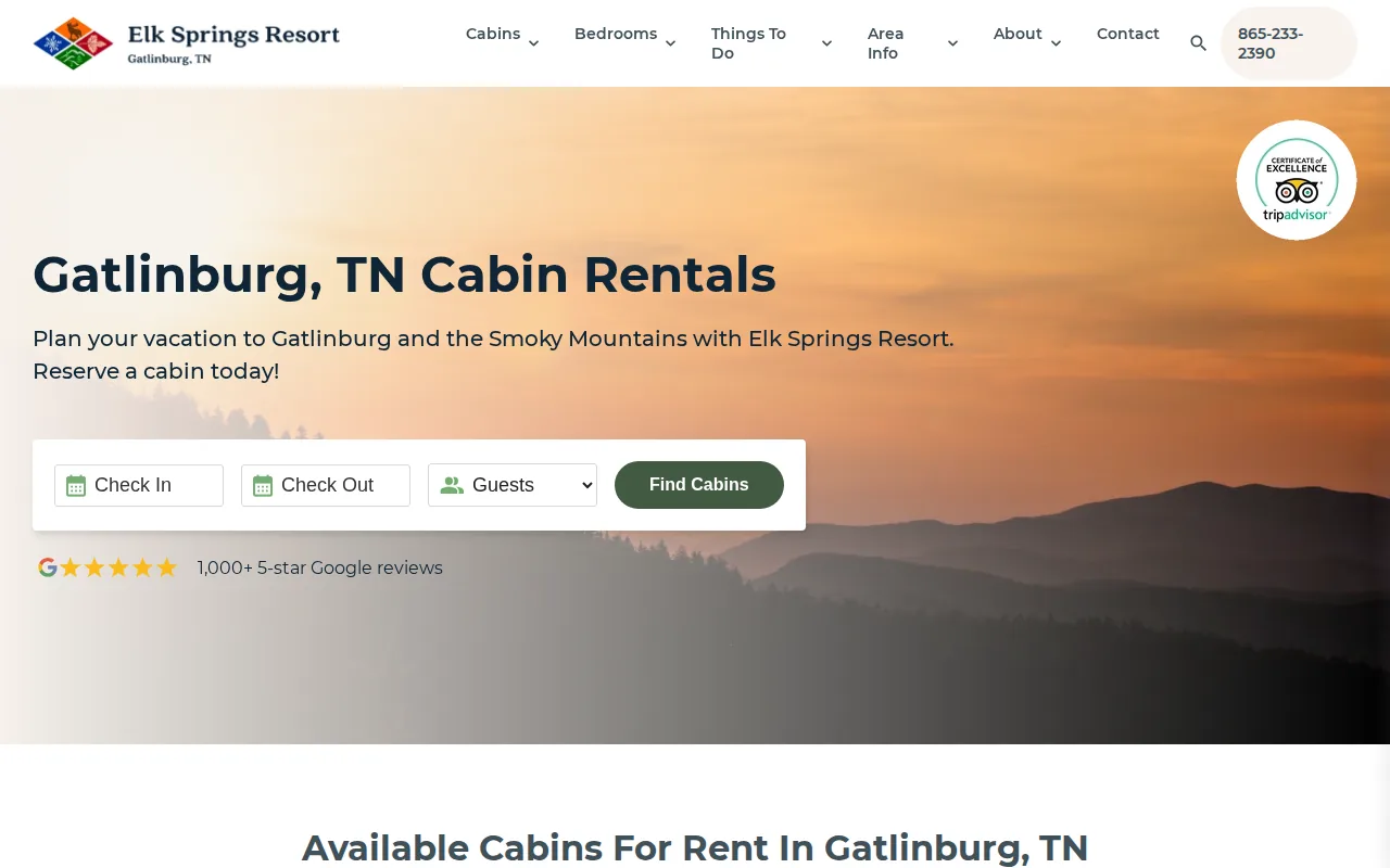 Screenshot of the Elk Springs Resort website