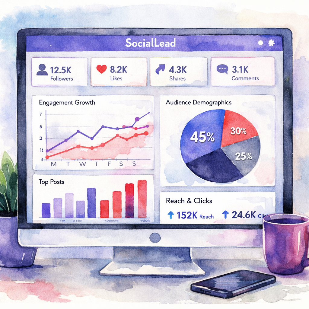 A watercolor illustration of a computer screen showing colorful charts and graphs for social media metrics, alt: social media analytics dashboard overview