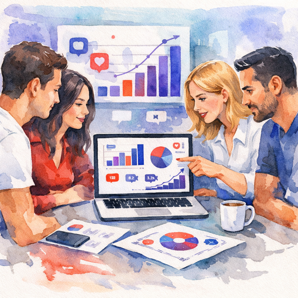 A watercolor scene of a team gathered around a laptop reviewing colorful social media charts, alt: applying social media analytics insights to strategy