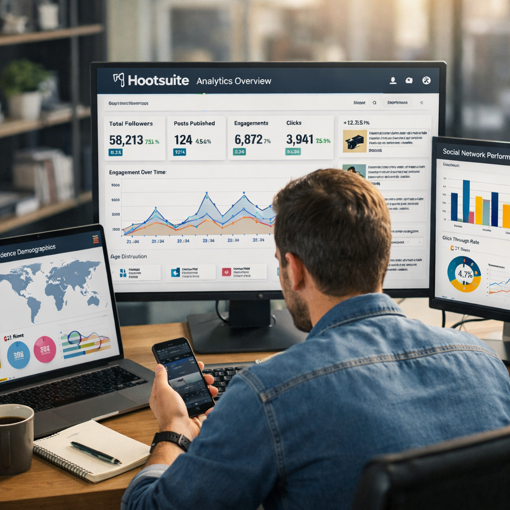 A realistic office scene with a marketer checking analytics on multiple screens, showing Hootsuite dashboard, Alt: Hootsuite analytics overview