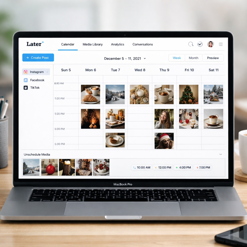 A photorealistic view of a content calendar on a laptop with Later's UI, Alt: Later visual planner screenshot