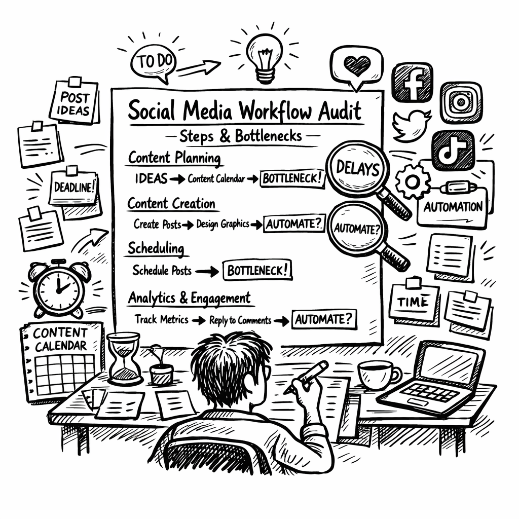 A Doodle illustration of a marketer sitting at a desk surrounded by sticky notes, calendars, and icons of social media platforms, reviewing a checklist that maps out each step of their social media workflow, showing bottlenecks and automation opportunities. Alt: Social Media Content Automation workflow audit doodle.