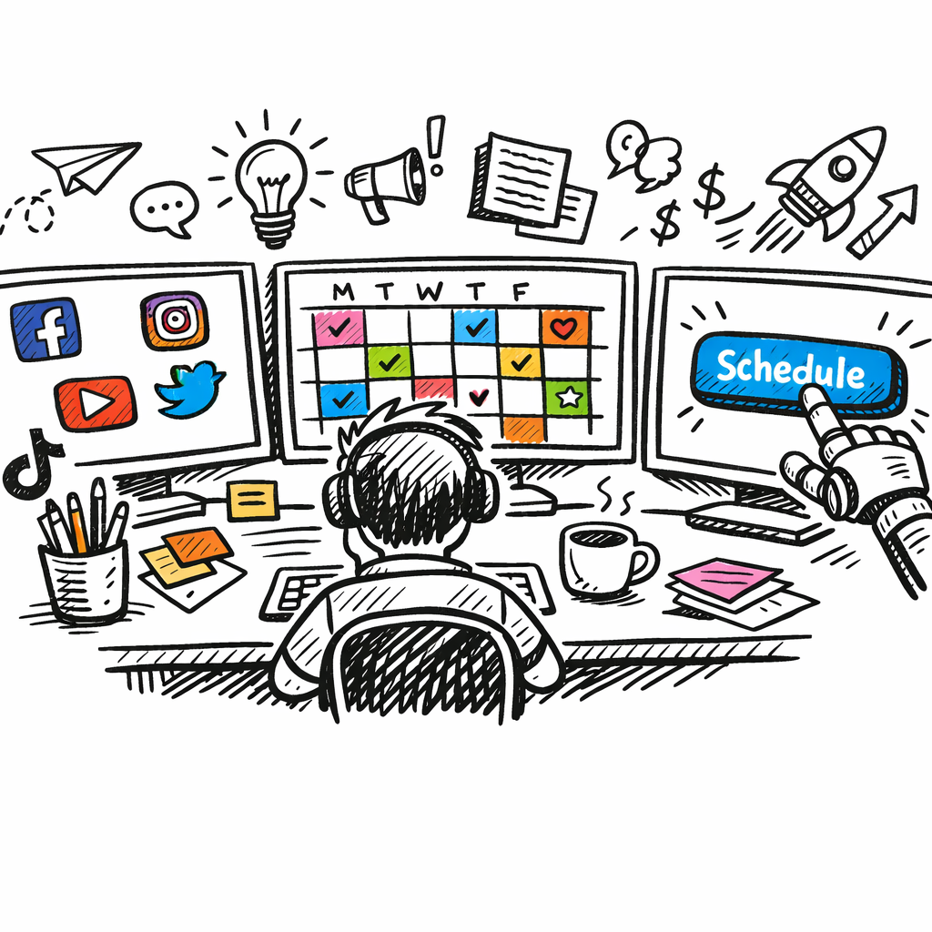 A doodle illustration of a marketer sitting at a desk with multiple screens showing social media icons, a calendar grid with color‑coded post slots, and a robot hand clicking a “Schedule” button. The scene feels playful yet focused, appealing to digital marketing managers and content creators. Alt: Social Media Content Automation scheduling workflow doodle