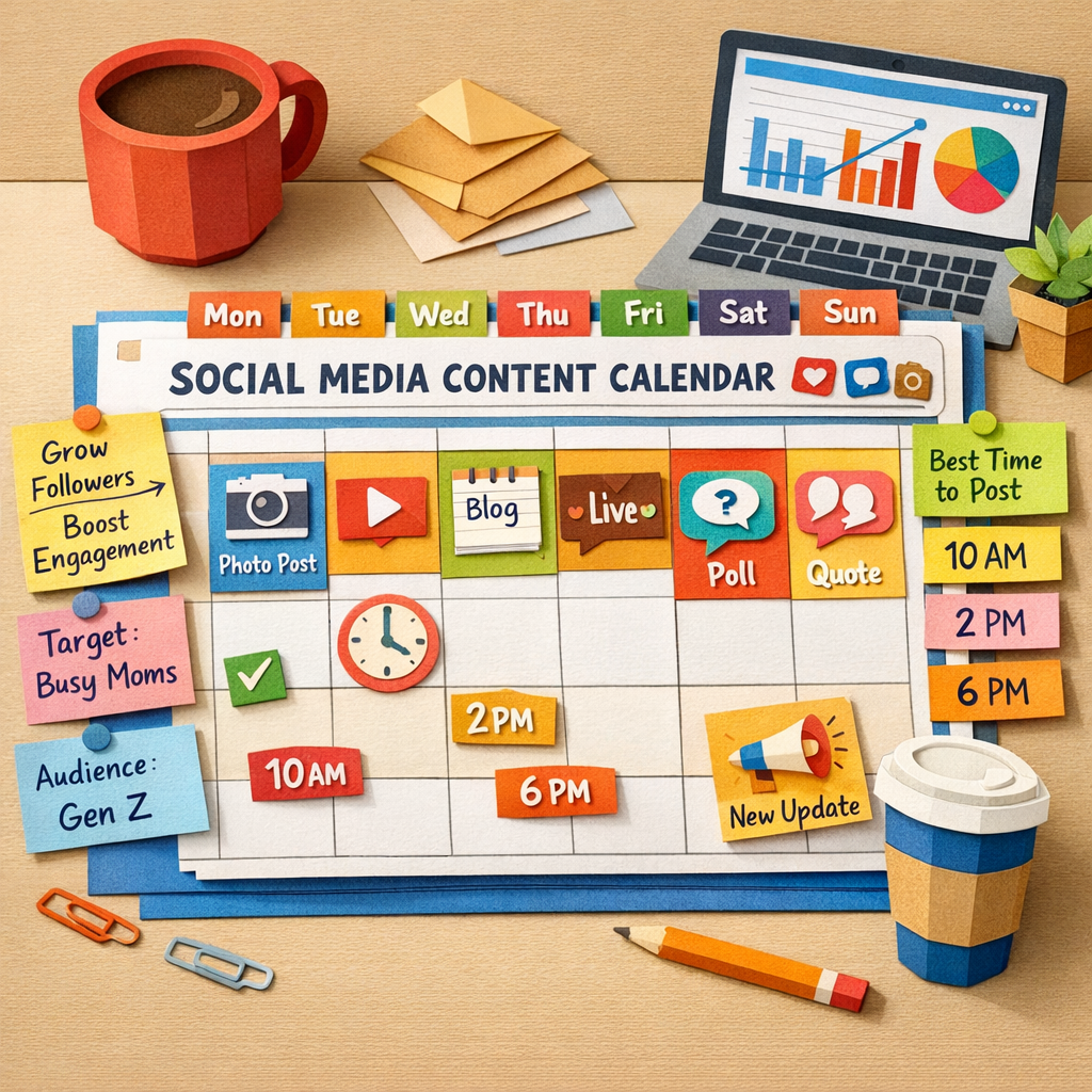 A Papercraft illustration of a colorful social media content calendar laid out on a desk, with sticky notes showing goal statements, persona tags, and time slots, surrounded by coffee cups and a laptop screen displaying analytics graphs. Alt: Social media content calendar software planning goals in a papercraft style.