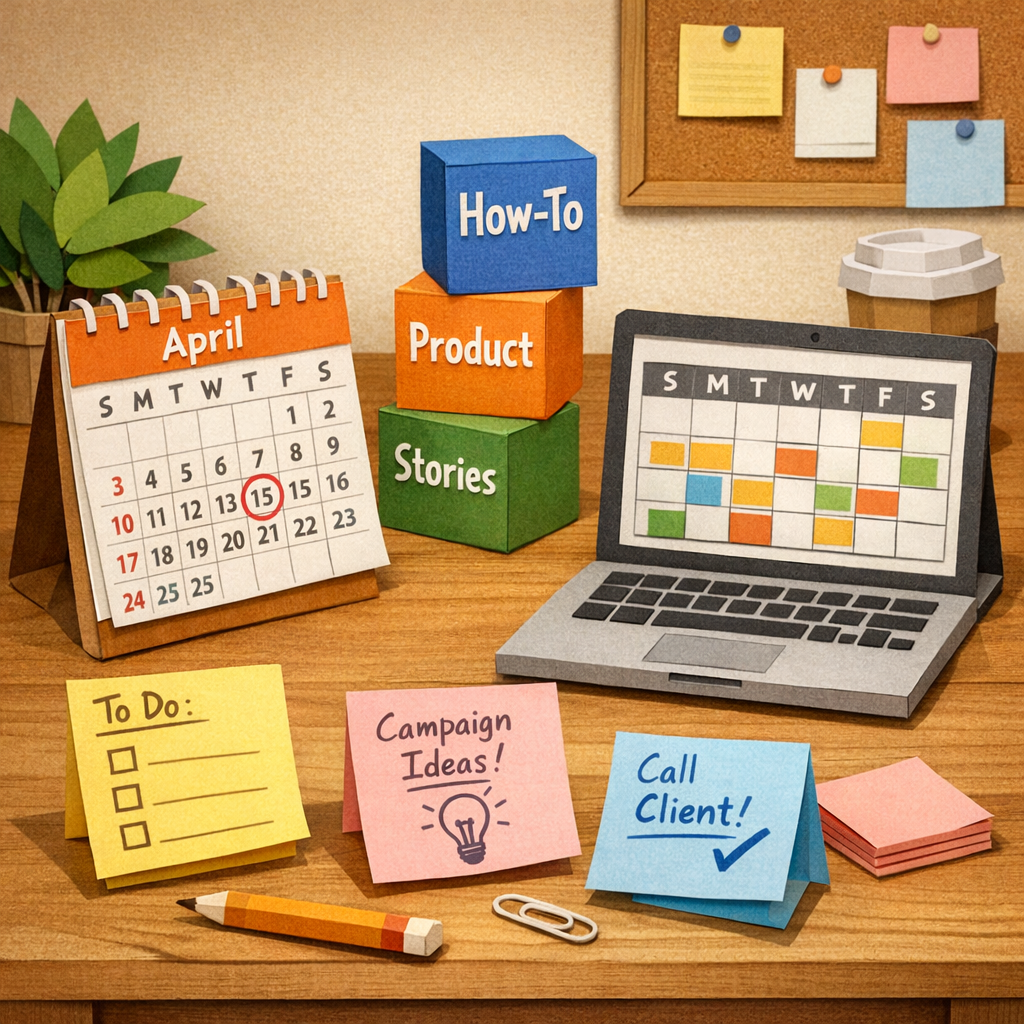A Papercraft scene showing a desk with a paper calendar, pillar blocks labeled “How‑To,” “Product,” and “Stories,” sticky notes, and a laptop displaying a calendar grid; cozy US office setting; aimed at digital marketing managers and small business owners.