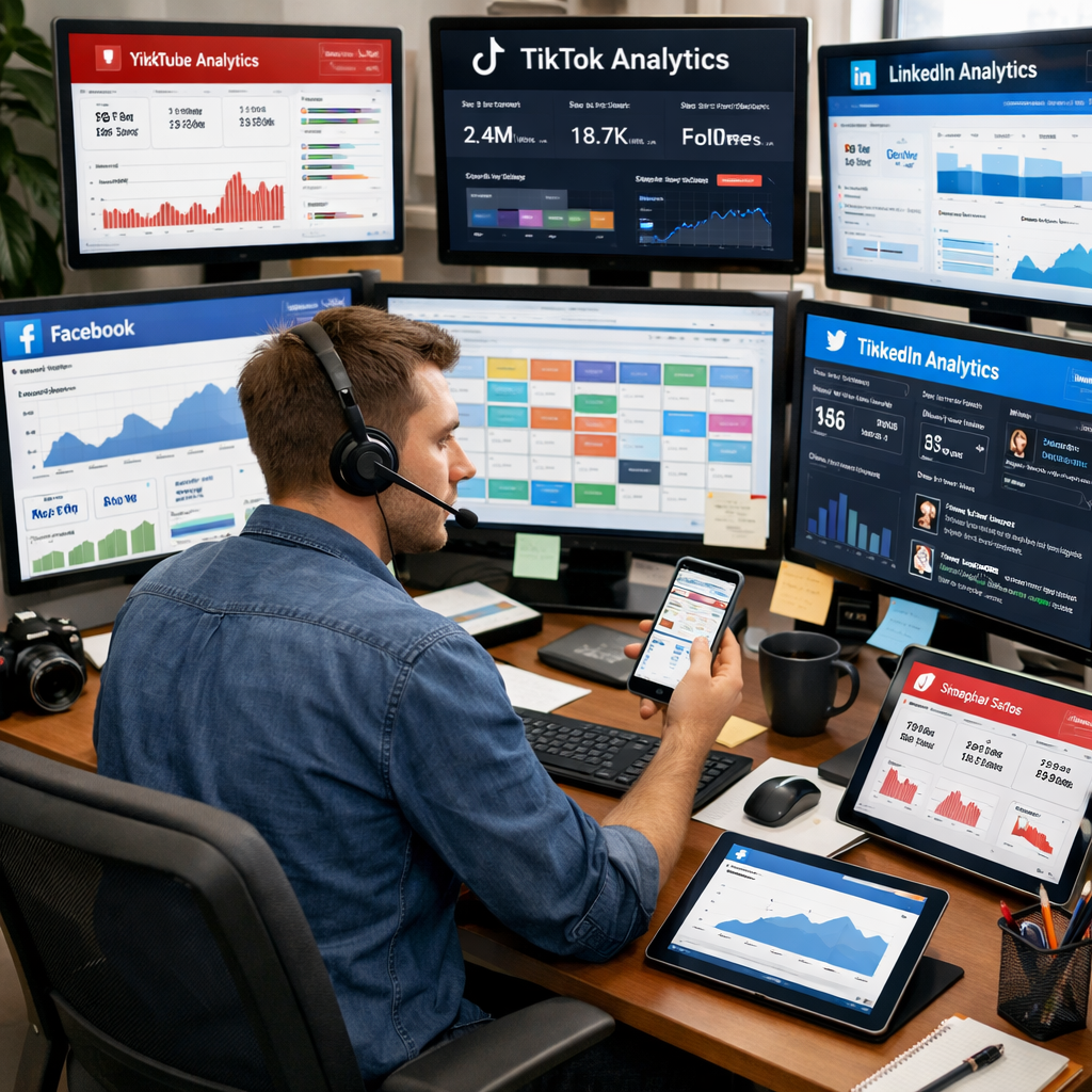 A realistic office scene showing a social media manager juggling multiple screens with dashboards, representing the scale of platform coverage. Alt: social media management for agencies with many platforms