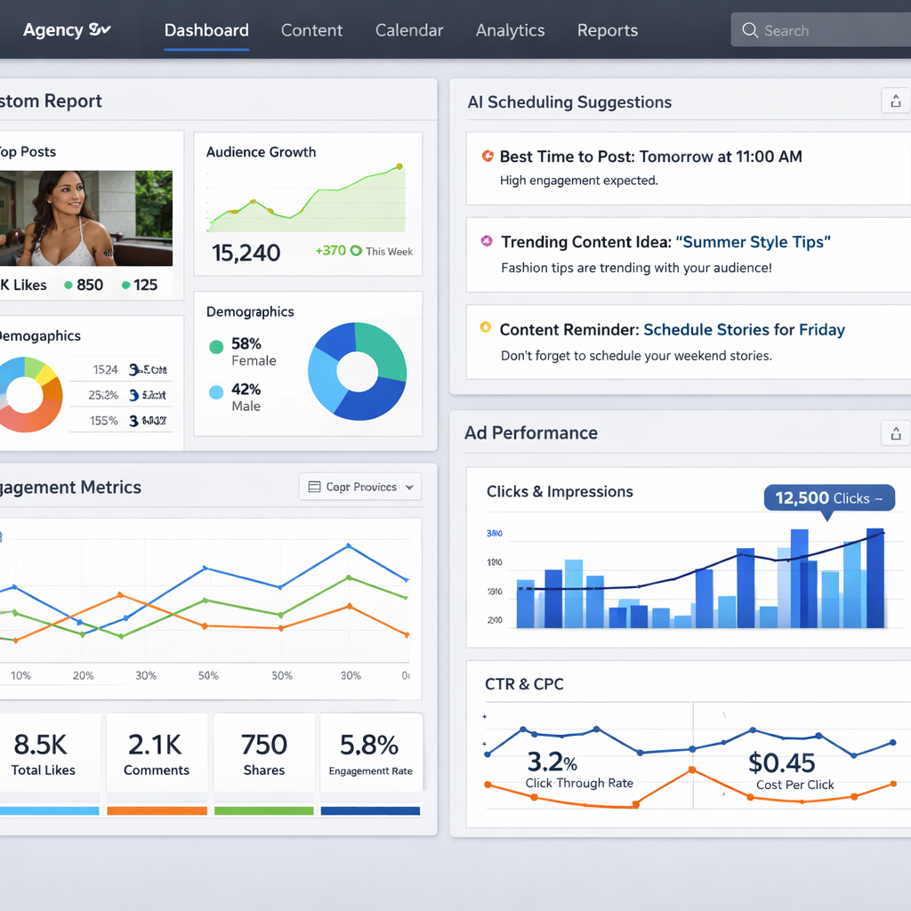 A realistic mockup of a dashboard showing custom report widgets, AI scheduling suggestions, and ad performance graphs. Alt: agency custom reporting tool for social media management
