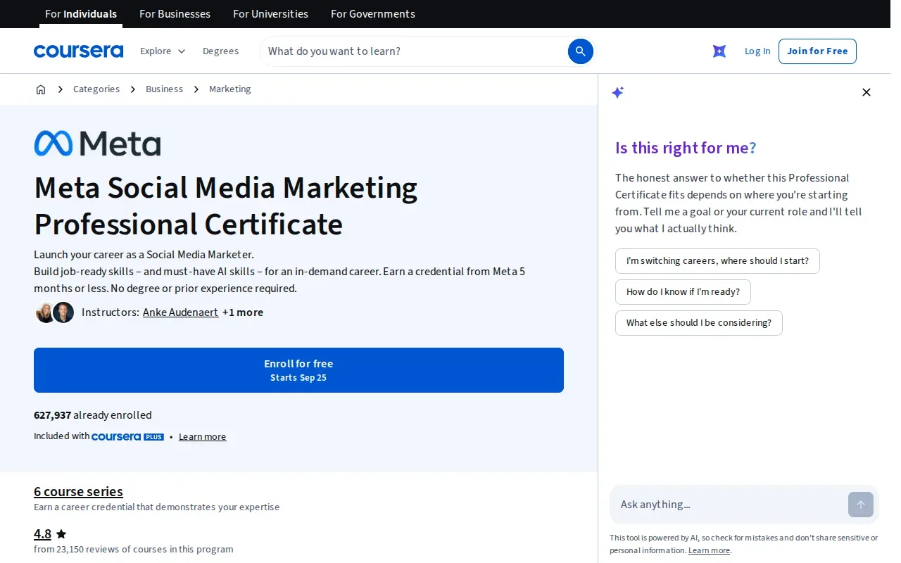 Screenshot of the Meta Social Media Marketing Professional Certificate website