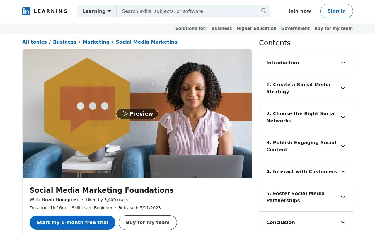 Screenshot of the Social Media Marketing Foundations by LinkedIn Learning website