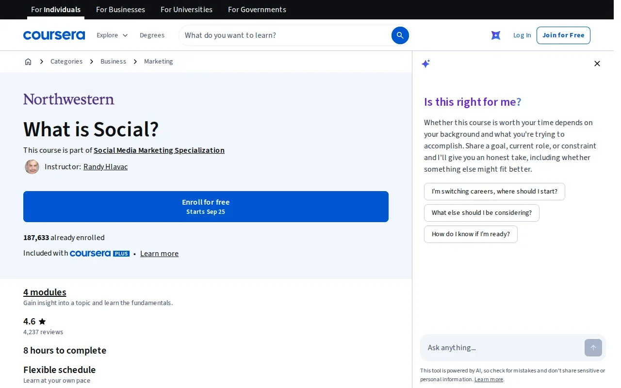 Screenshot of the What Is Social? by Coursera website