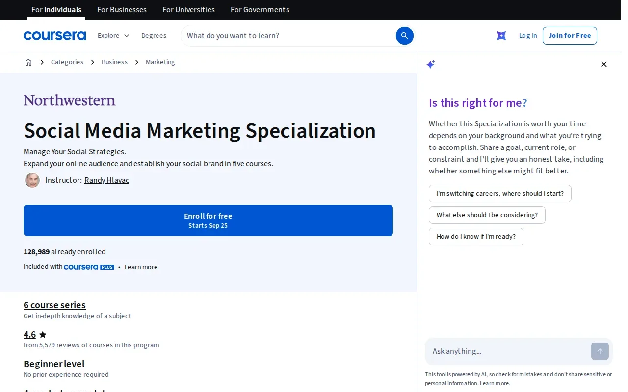 Screenshot of the Northwestern Social Media Marketing Specialization website