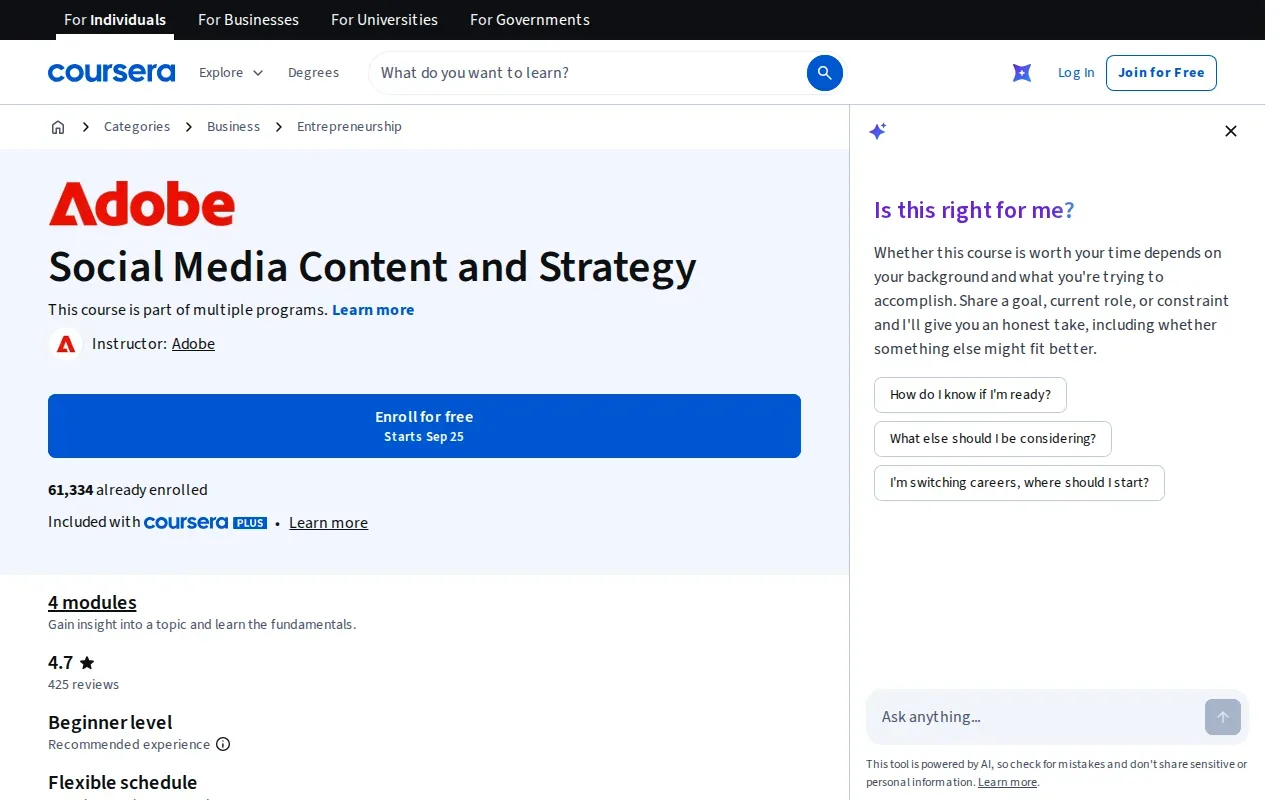 Screenshot of the Adobe Social Media Content and Strategy website