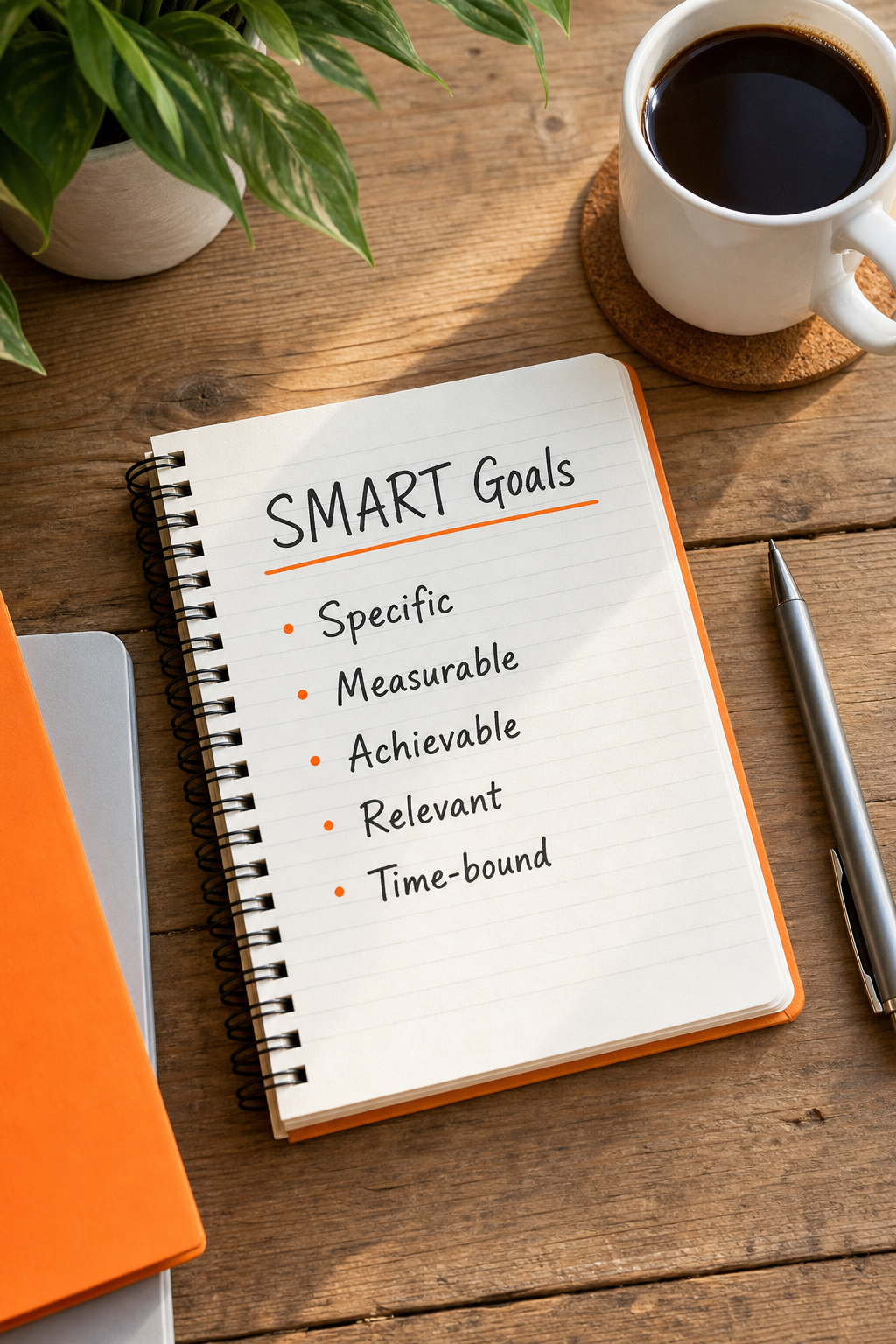 A photorealistic top-down view of a desk with a notebook open to a page titled "SMART Goals" with bullet points, a coffee cup, and a pen. Alt: SMART goals notebook for social media marketing strategy.