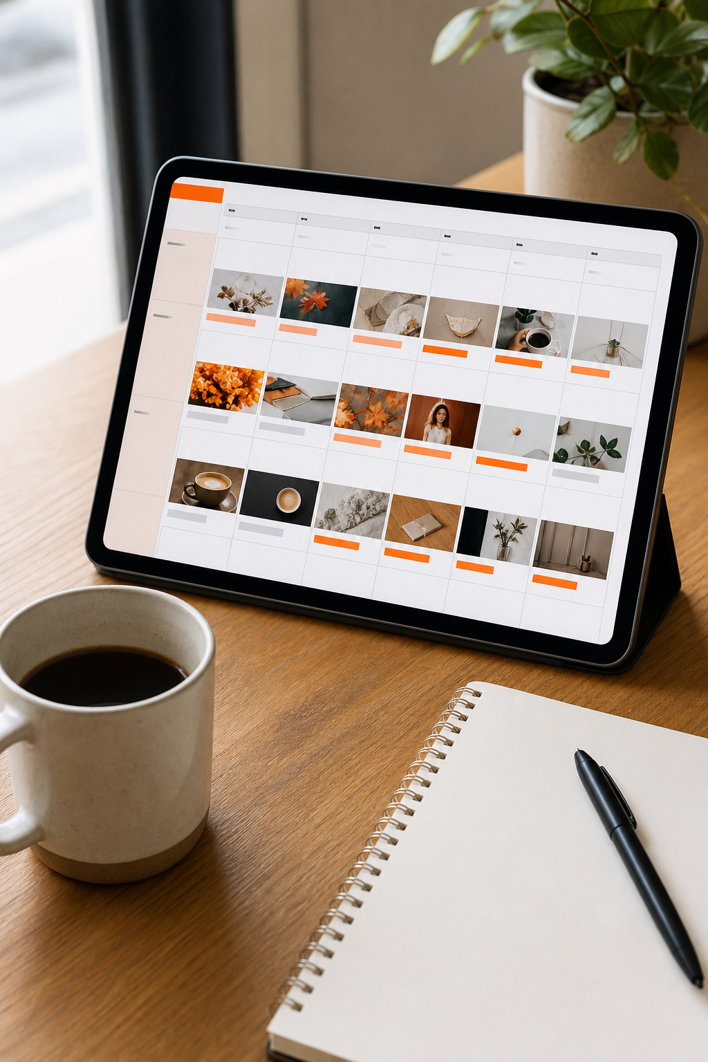 A photorealistic view of a content calendar on a tablet with colorful post thumbnails, a coffee mug, and a notebook. Alt: Content calendar planning for social media strategy.