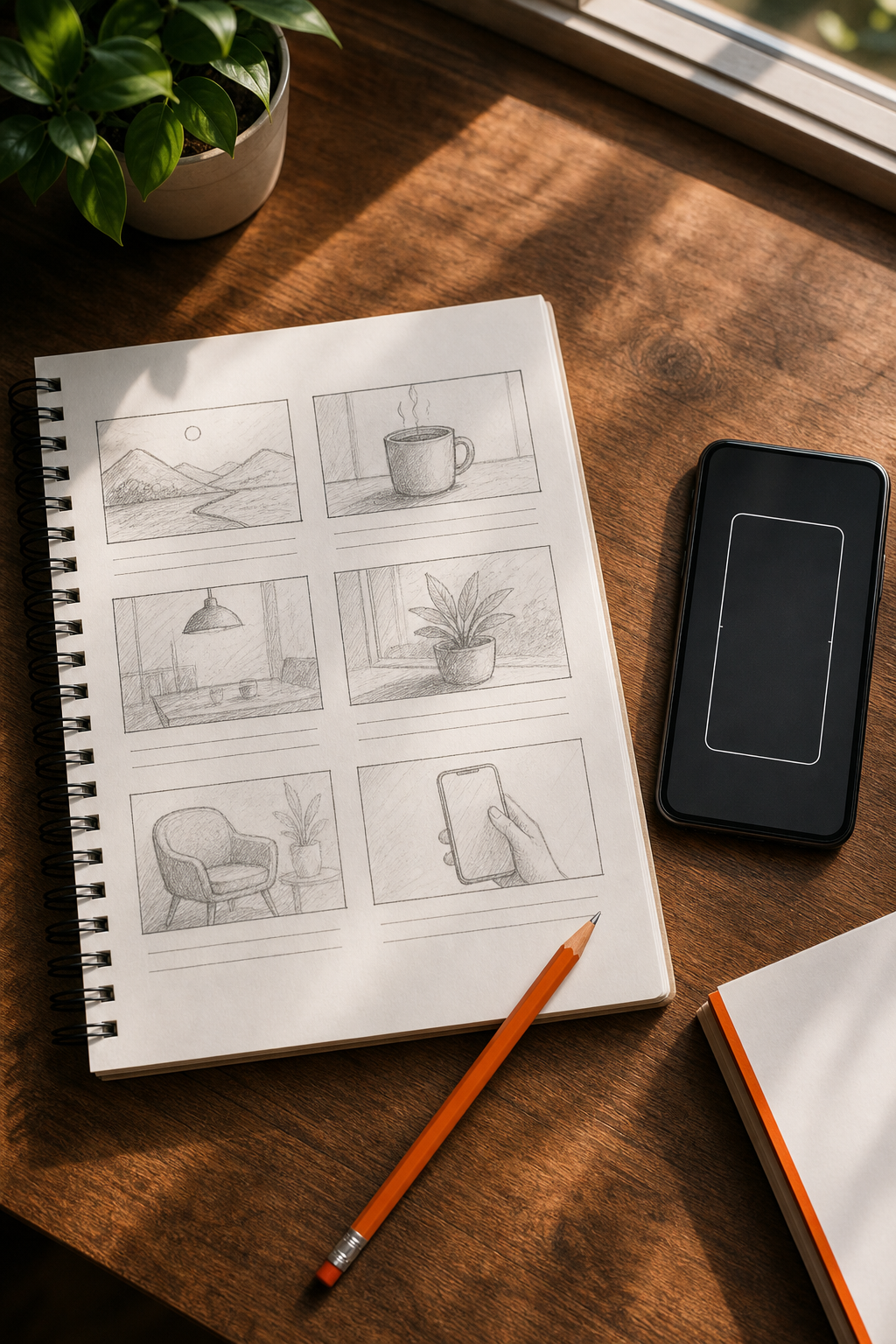 A realistic overhead view of a wooden desk with a video storyboard notebook, a pencil, a smartphone showing a vertical video frame outline, and a small plant in the corner. Warm natural light from a window. Alt: Planning social media video content with a storyboard and smartphone on a desk.