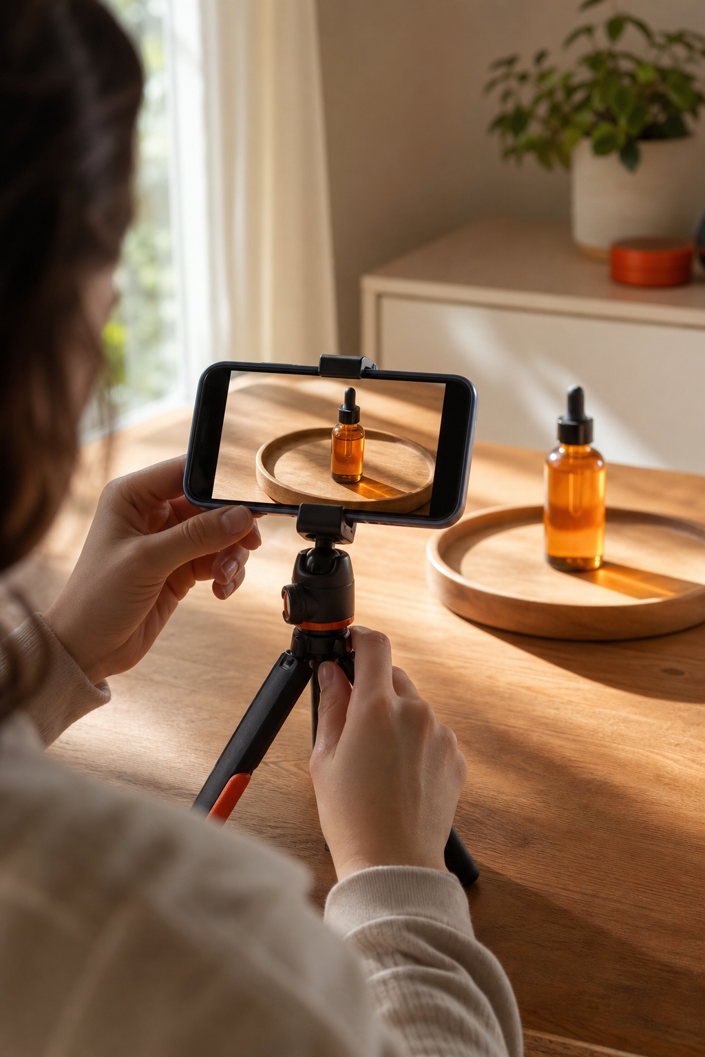 A person holding a smartphone on a small tripod filming a close-up product shot on a clean wooden surface, with warm side lighting from a window and a blurred indoor background. Realistic photography style. Alt: Shooting social media video on a smartphone with natural window lighting.
