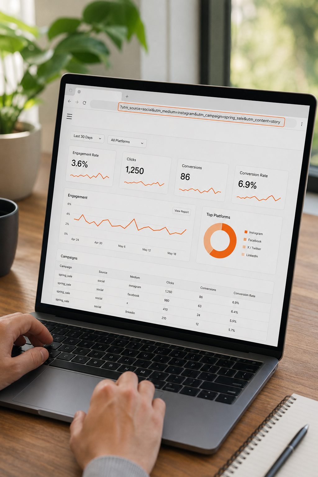 A realistic screenshot-style dashboard showing social media metrics like engagement rate, clicks, and conversions, with UTM parameters visible in a URL bar. Alt: Social media tracking dashboard with UTM parameters and engagement metrics.