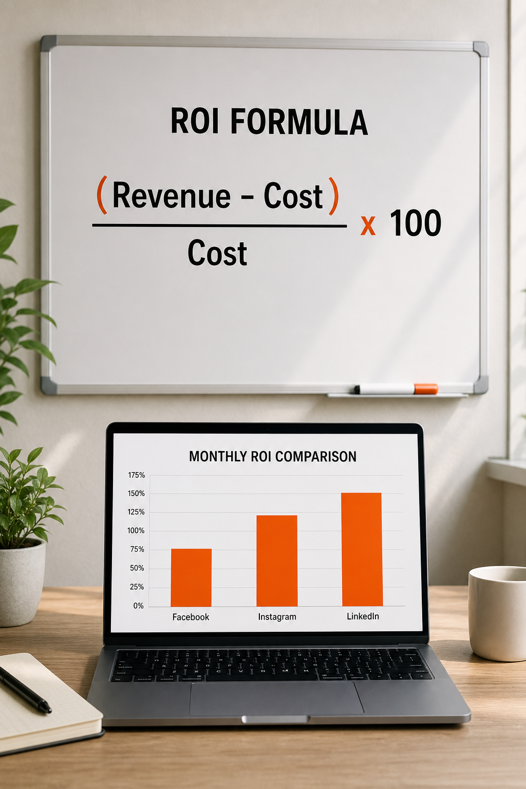 A clean infographic showing the ROI formula: (Revenue - Cost) / Cost x 100, with a bar chart comparing monthly ROI for different social platforms. Alt: Social media ROI formula and monthly comparison chart for Facebook, Instagram, LinkedIn.